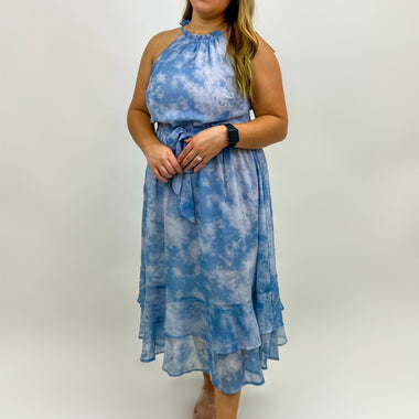 Midi dress blue twirl, high neck, open back dress