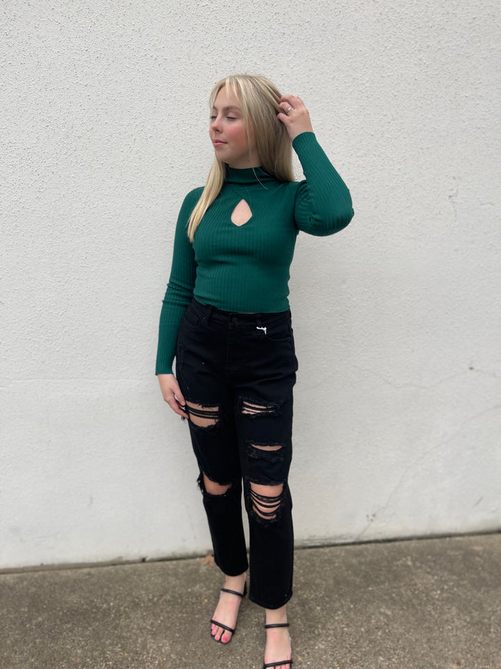 Green Turtleneck long sleeve top with peephole detail