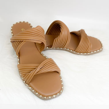 Tan square toe, twist strap sandal with gold detail