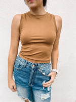 Tan high neck cropped tank top