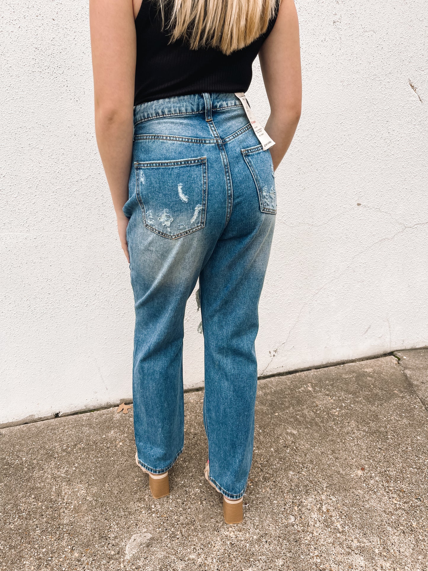 Ultra high rise distressed denim jeans - medium wash, back view