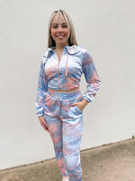 Sunrise clouds velvet jumpsuit. Cropped zip up hoodie