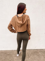 Cropped, cinch waist, zip up jacket, brown - back view