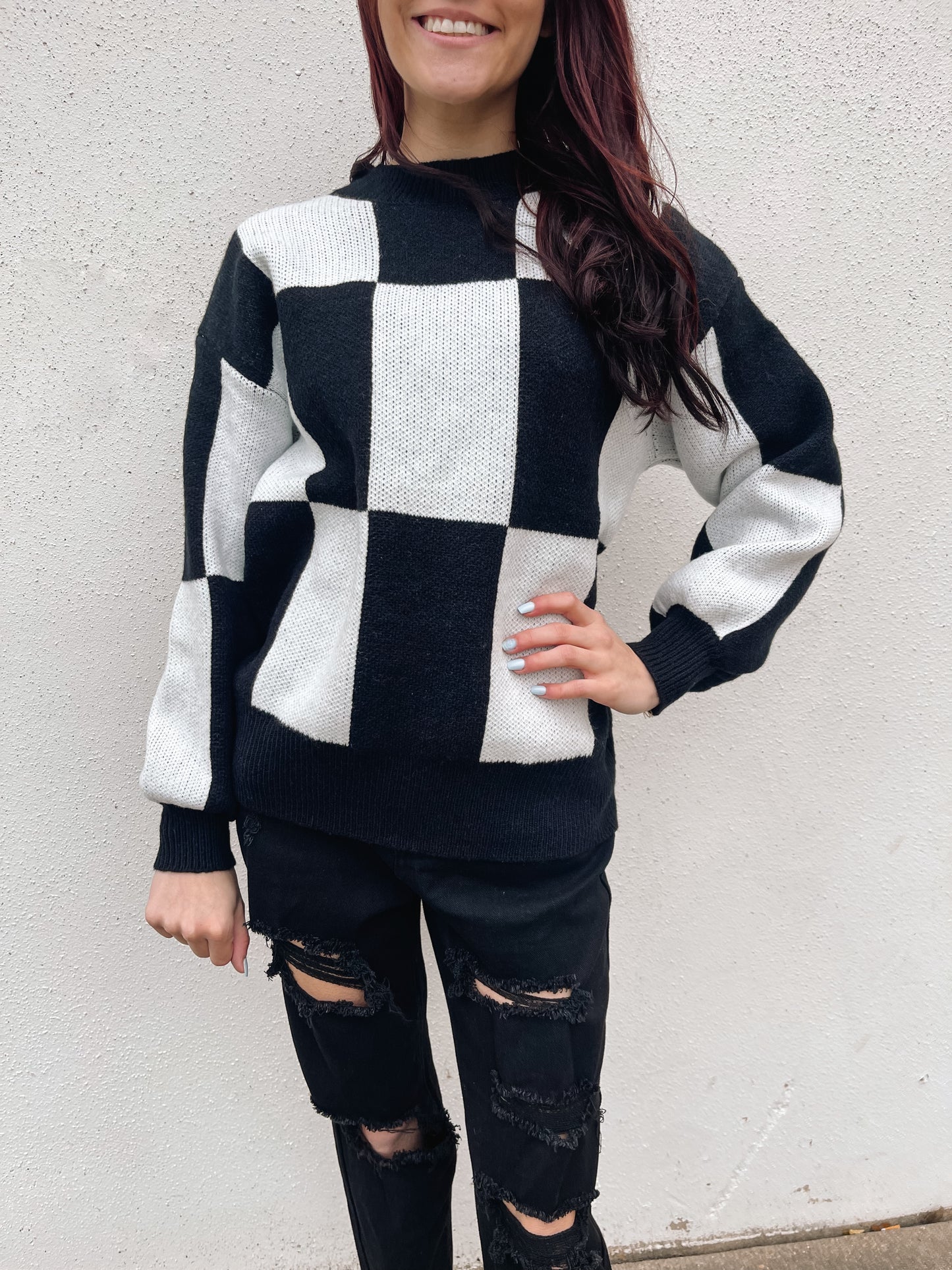 Checkered knit pullover sweater