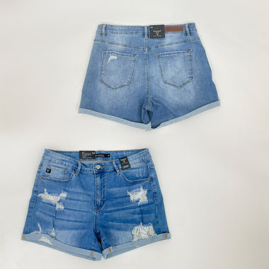 Jackie Mid Wash Denim Short with Lace Patch