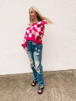 Trendy Checkered cropped sweater, hot pink and white