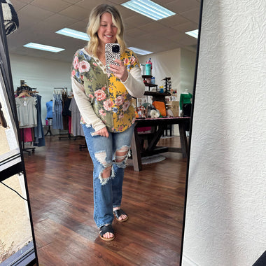 Daisy Floral print color block blouse