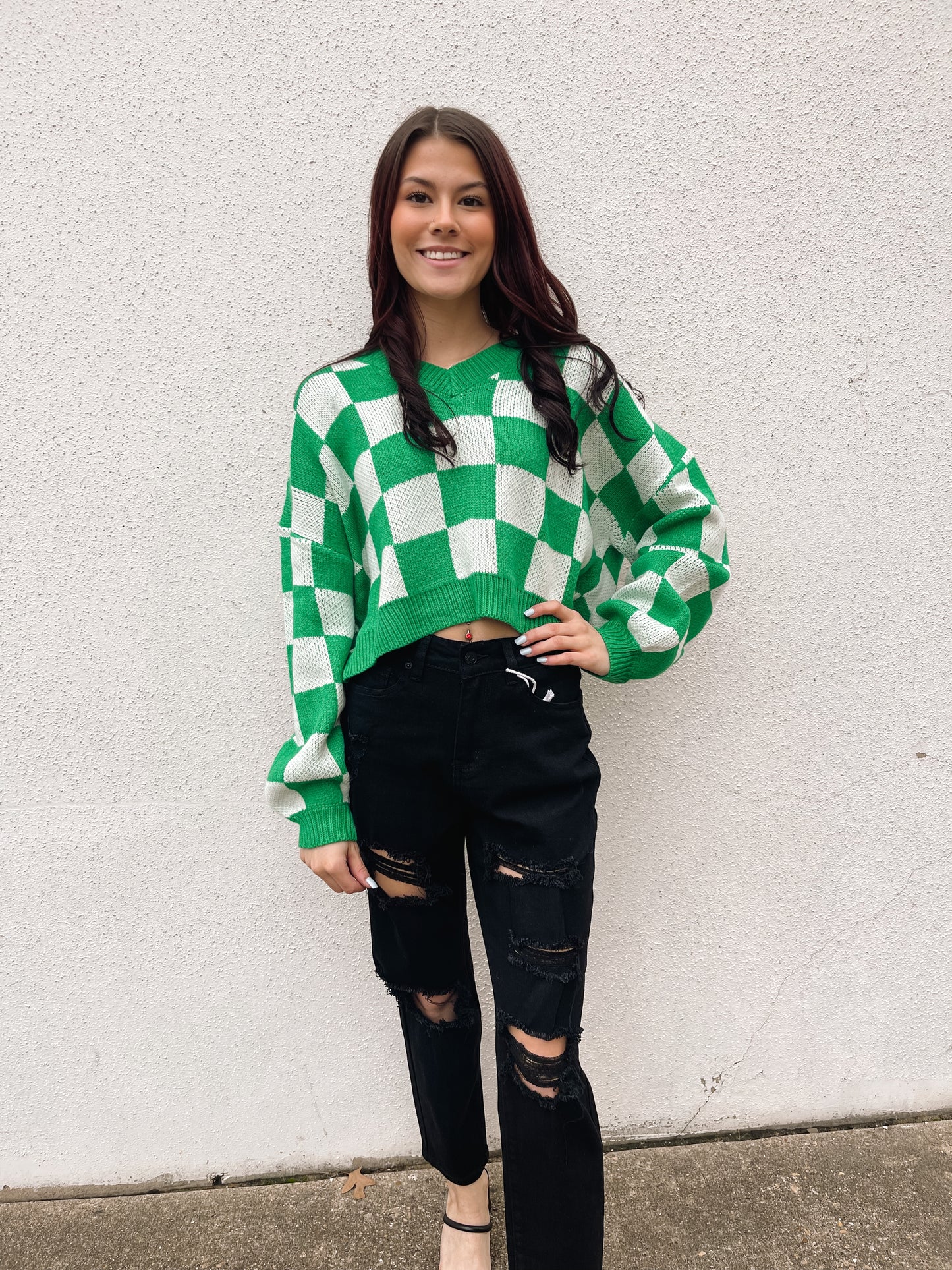 Trendy Checkered cropped sweater, green and white