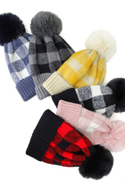 Checkered beanie with puff ball on top 