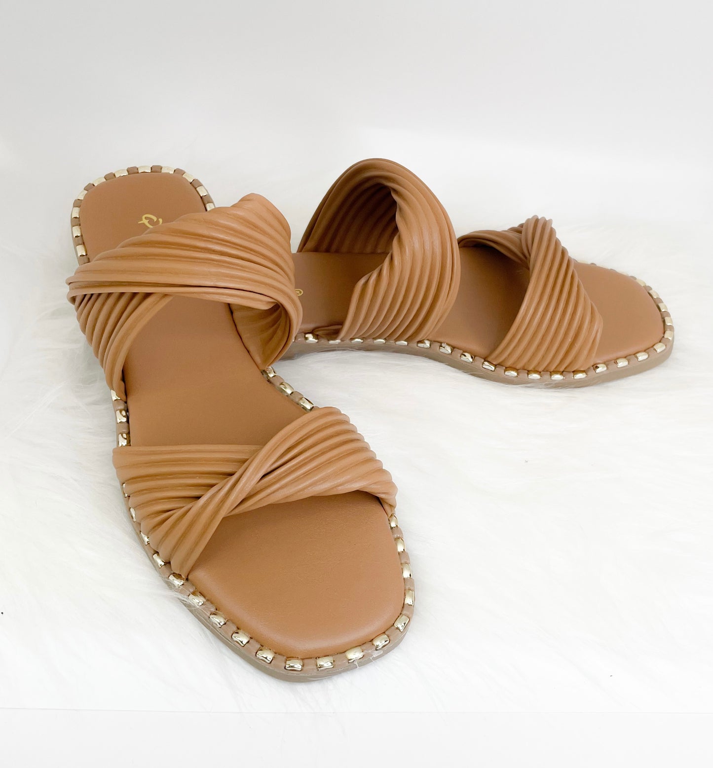 Tan square toe, twist strap sandal with gold detail