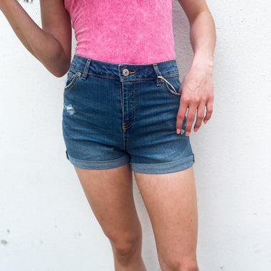 Mid rise medium denim shorts with rolled hem line