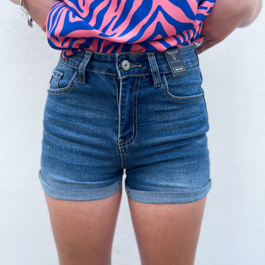 Stretch mid rise short school approved denim shorts