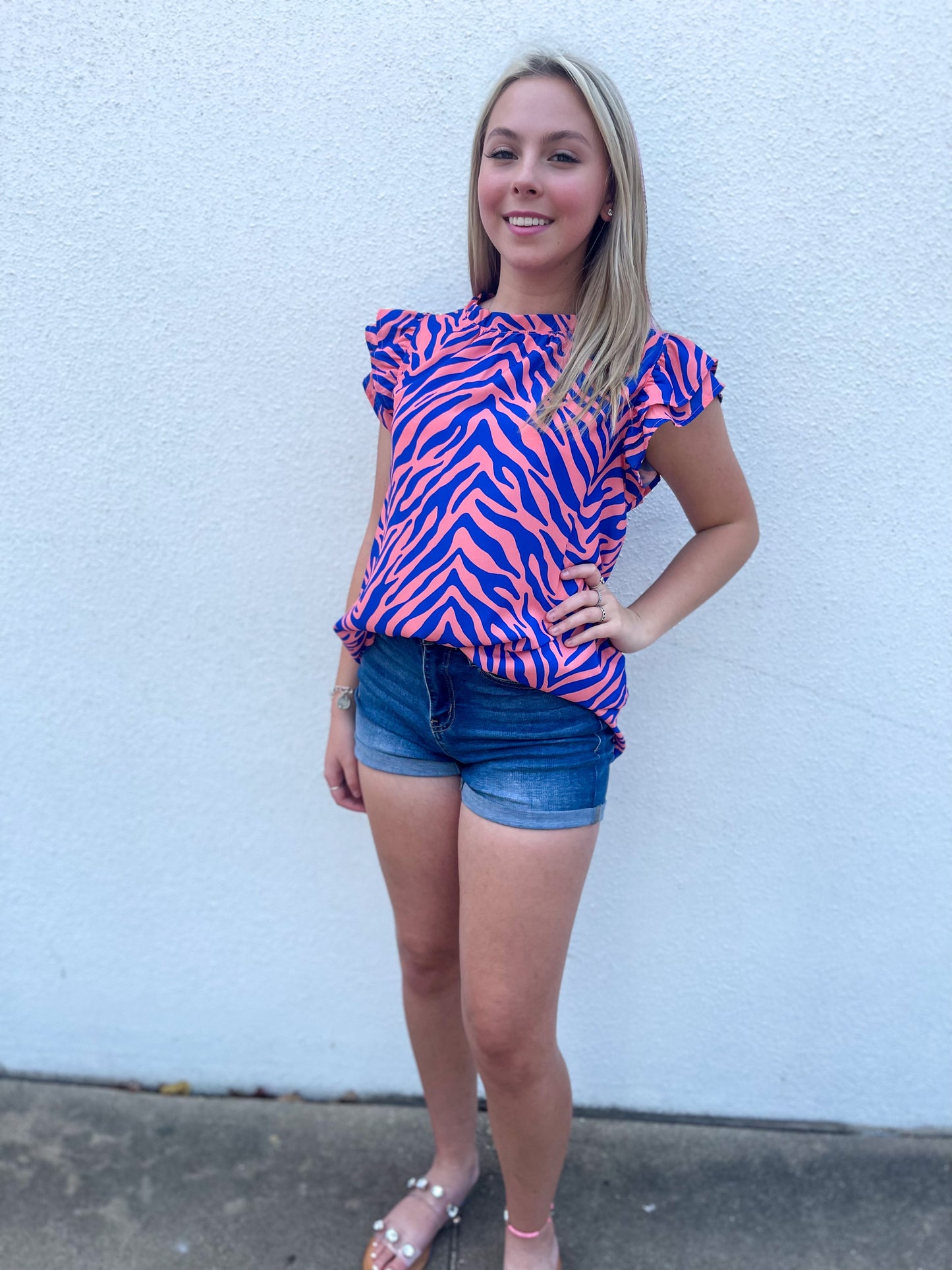 Pink and navy zebra dress top with ruffle arm detail